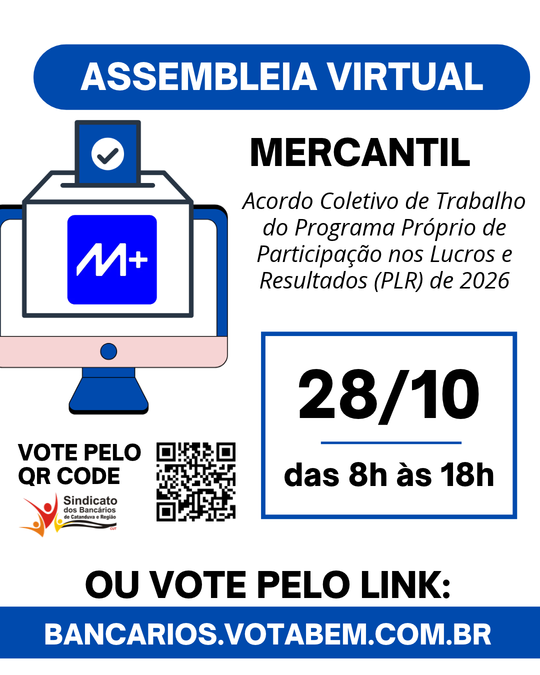Sindicato convoca bancários do Mercantil para deliberar ACT da PLR. Confira o edital